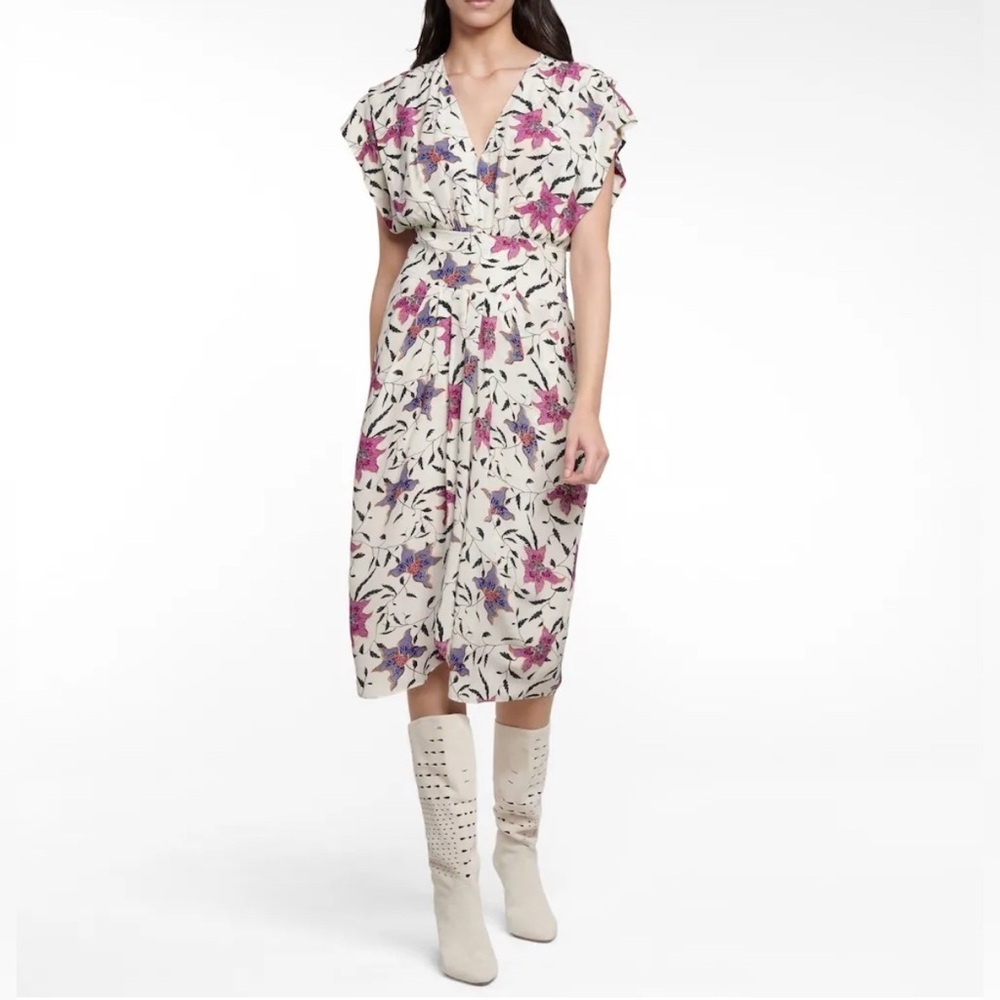 Isabel Étoile Marant Omeya White Floral Ruched V Neck Midi Dress EUC FR 38 US 6